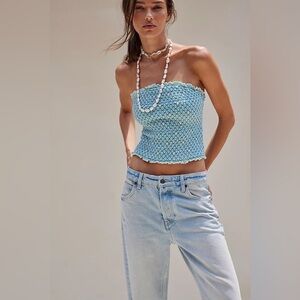 New Free People Aqua Smocked Field Of Roses Embroidered Tube Top Shirt Blouse M